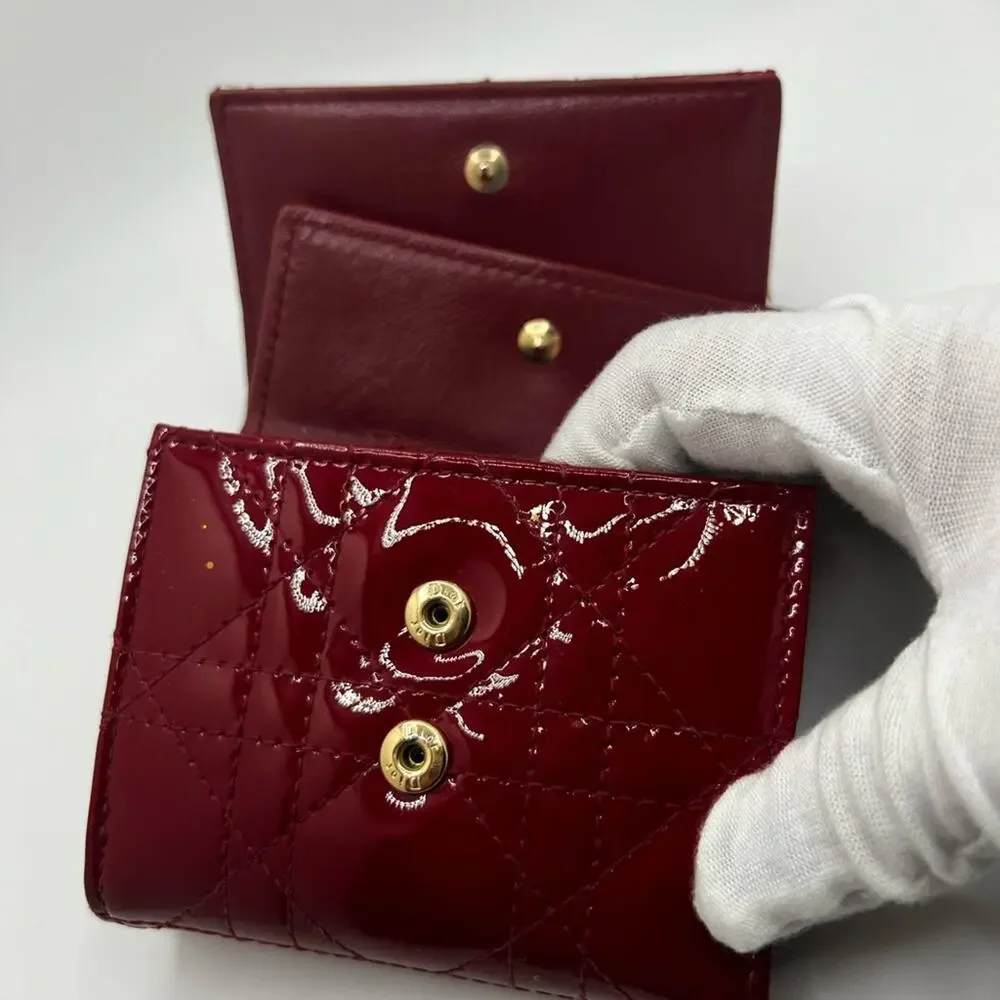 GUC Dior Red Lotus Cannage Patent Trifold Wallet